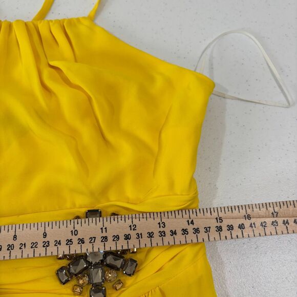 Nine West Yellow Halter Dress Size 8 Brocade Ruffles Flowy Swing Mod Retro - Picture 11 of 12